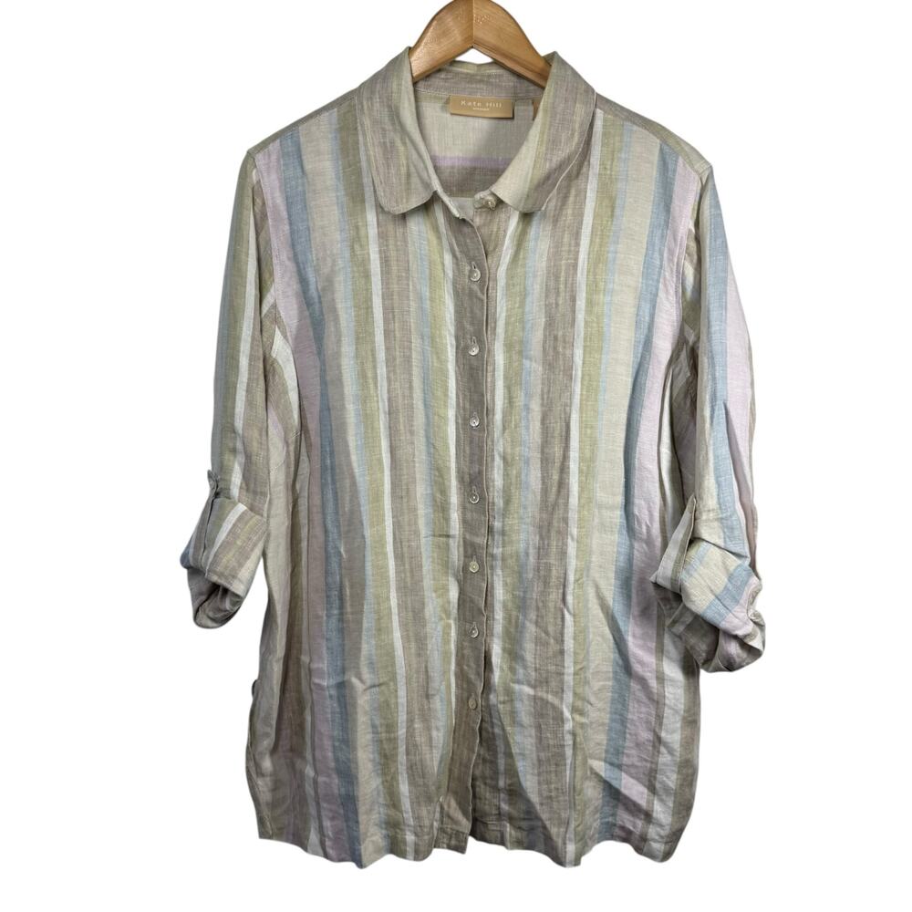 Kate Hill Top Women 2X Plus Size Tan Stripe 100%‎ Linen Button Up Roll Tab Coast